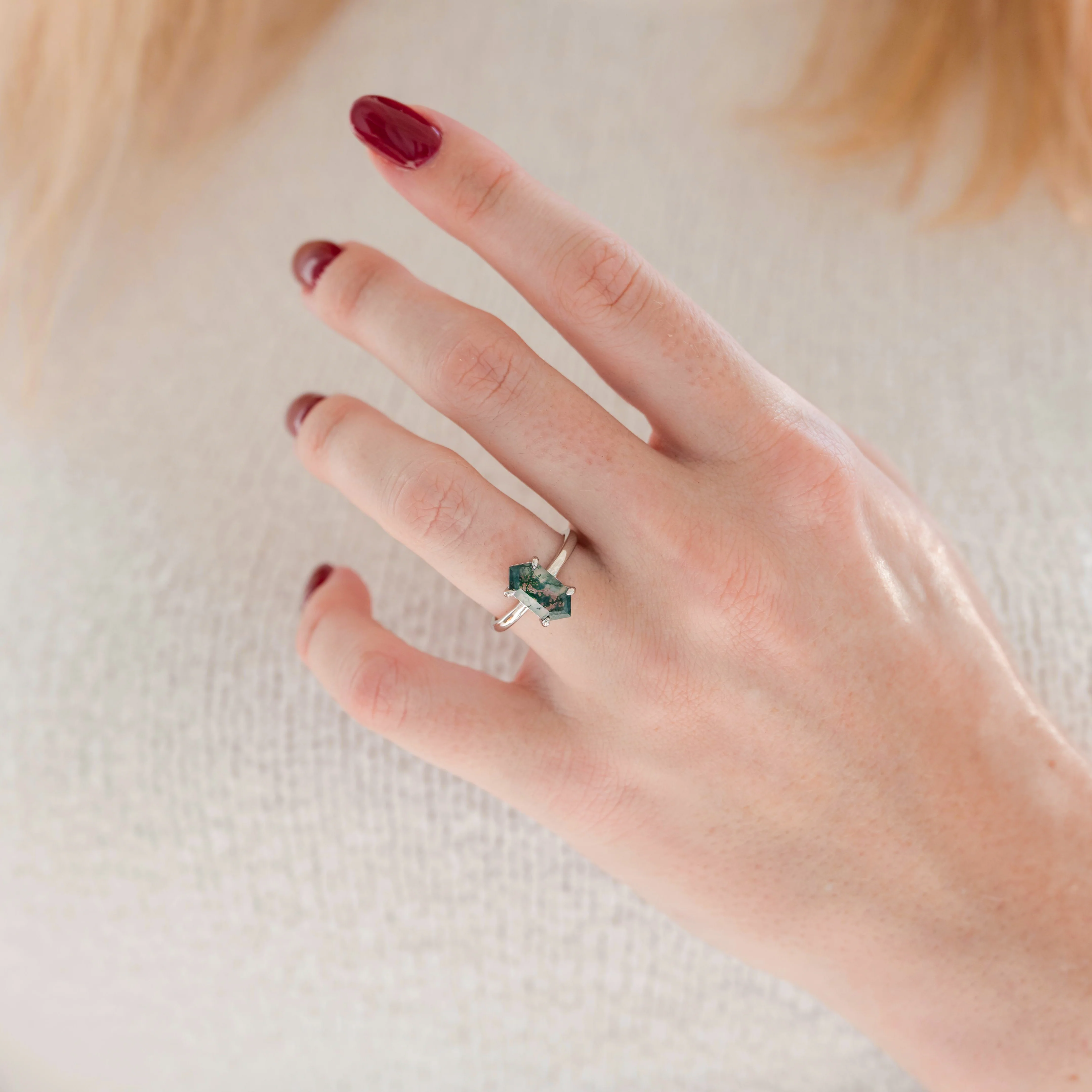 Hexagon Green Moss Agate Ring in Sterling Silver - Image 2