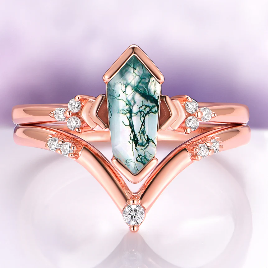 Green Moss Agate Engagement Ring Set in 14K Solid Rose Gold