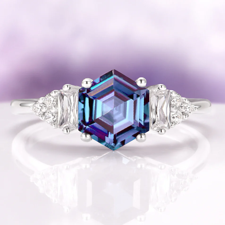 Hexagon Cut Alexandrite Engagement Ring in 14K White Gold