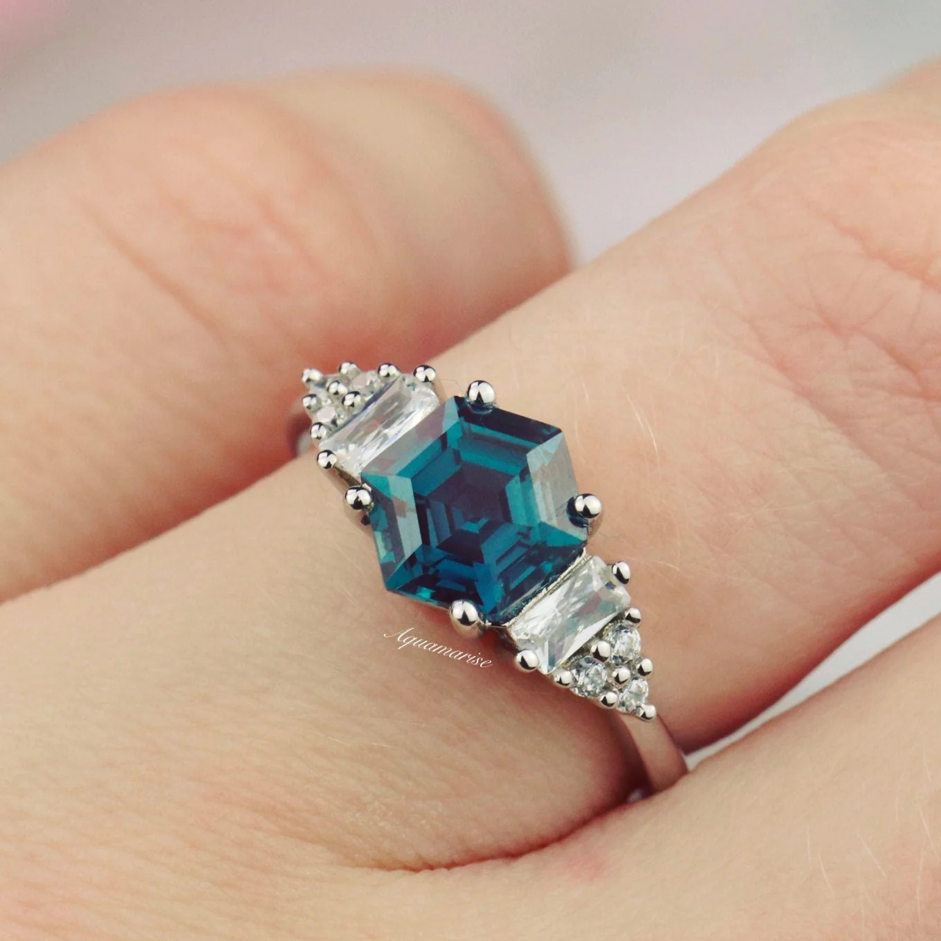 Hexagon Cut Alexandrite Engagement Ring in 14K White Gold - Image 3