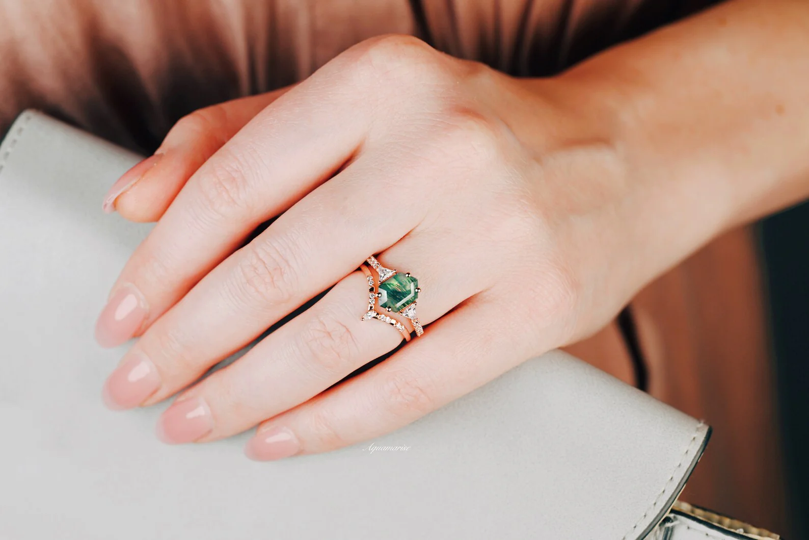 Hexagon Cut Green Moss Agate Engagement Ring Set in 14K Solid Rose Gold - Image 3