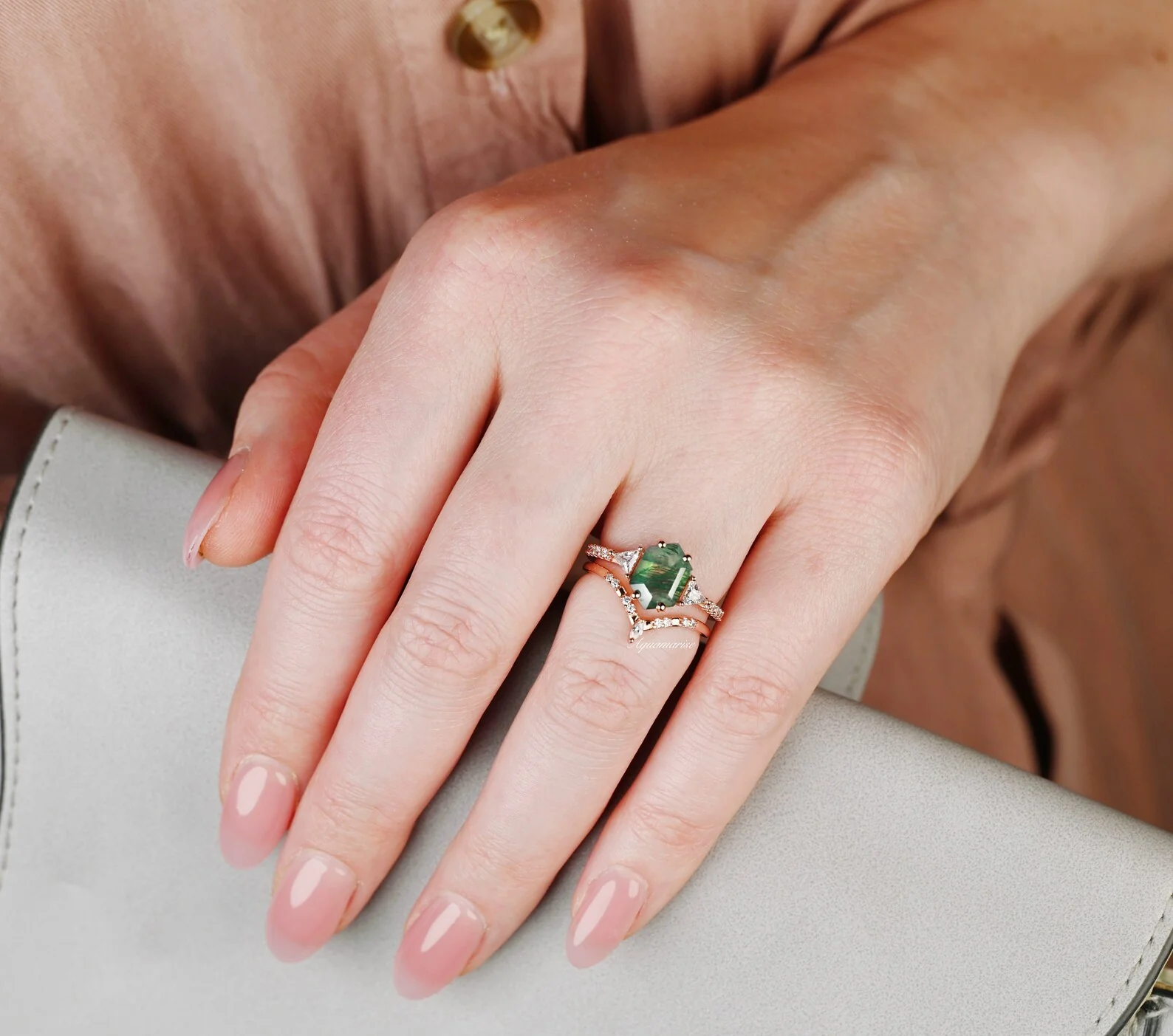 Hexagon Cut Green Moss Agate Engagement Ring Set in 14K Solid Rose Gold - Image 6