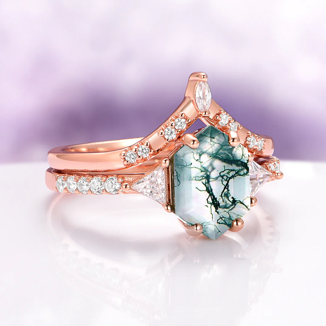 Hexagon Cut Green Moss Agate Engagement Ring Set in 14K Solid Rose Gold - Image 7