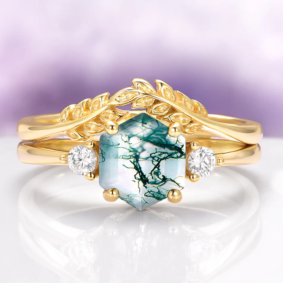 Hexagon Cut Green Moss Agate Fairy Leaf Engagement Ring Set in 14K Solid Yellow Gold