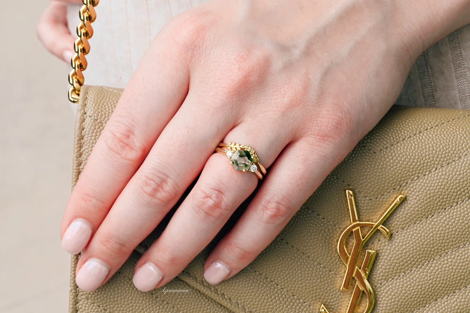 Hexagon Cut Green Moss Agate Fairy Leaf Engagement Ring Set in 14K Solid Yellow Gold - Image 4