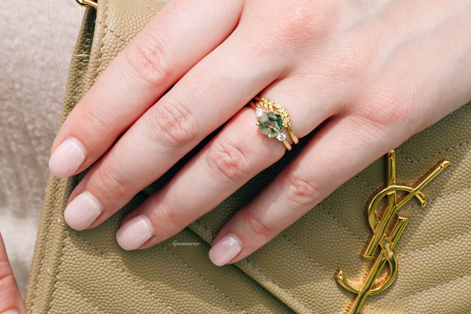 Hexagon Cut Green Moss Agate Fairy Leaf Engagement Ring Set in 14K Solid Yellow Gold - Image 6