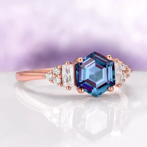 Hexagon Cut Alexandrite Engagement Ring in 14K Solid Rose Gold - Image 3