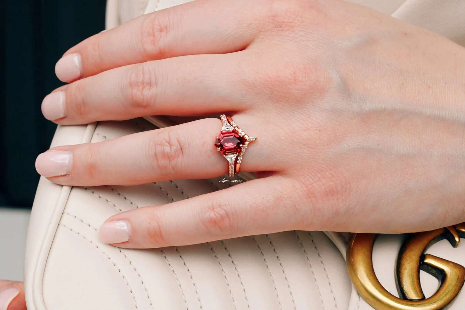 Hexagon Ruby Engagement Ring Set in 14K Solid Rose Gold - Image 2