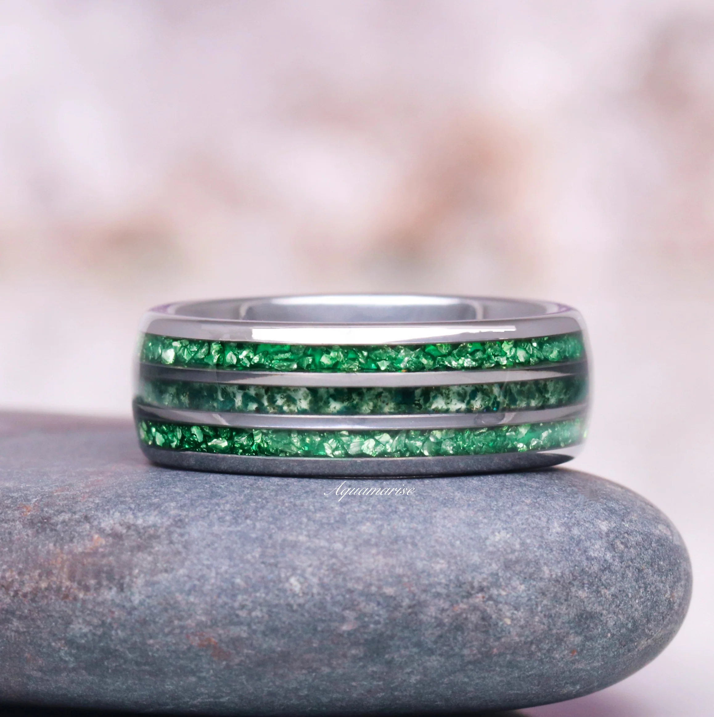 Hexagon Emerald & Moss Agate Couples Ring Set - Image 2