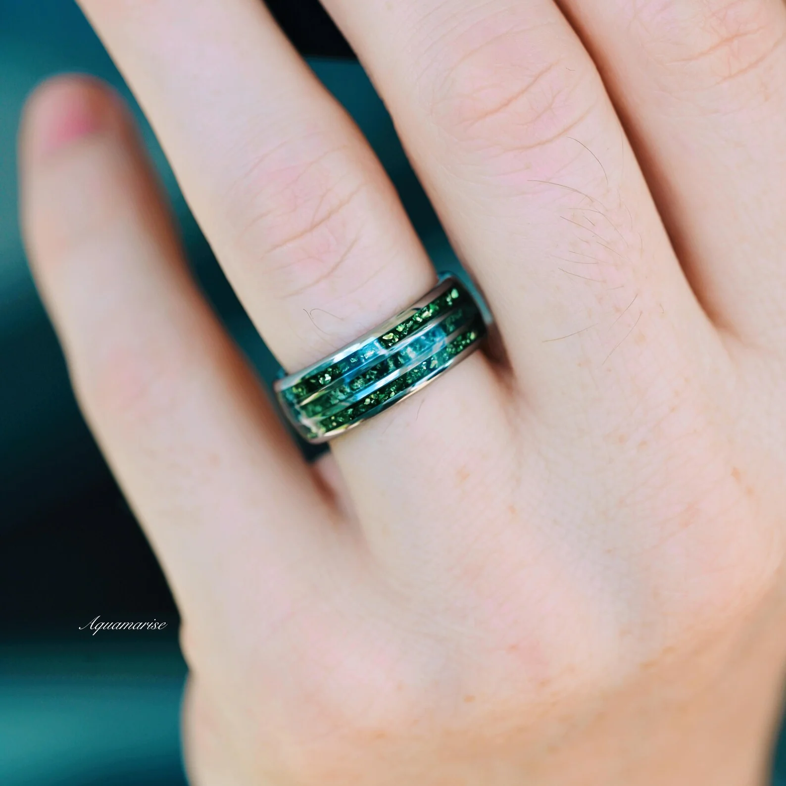 Hexagon Emerald & Moss Agate Couples Ring Set - Image 4