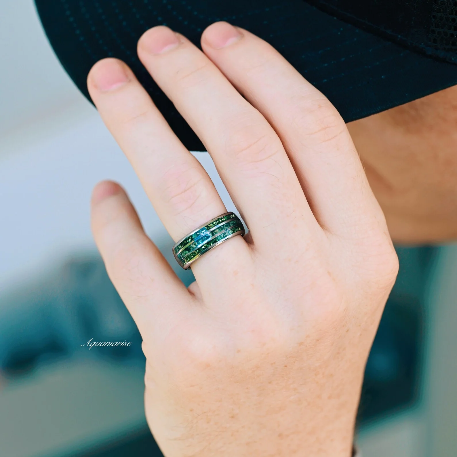 Hexagon Emerald & Moss Agate Couples Ring Set - Image 5