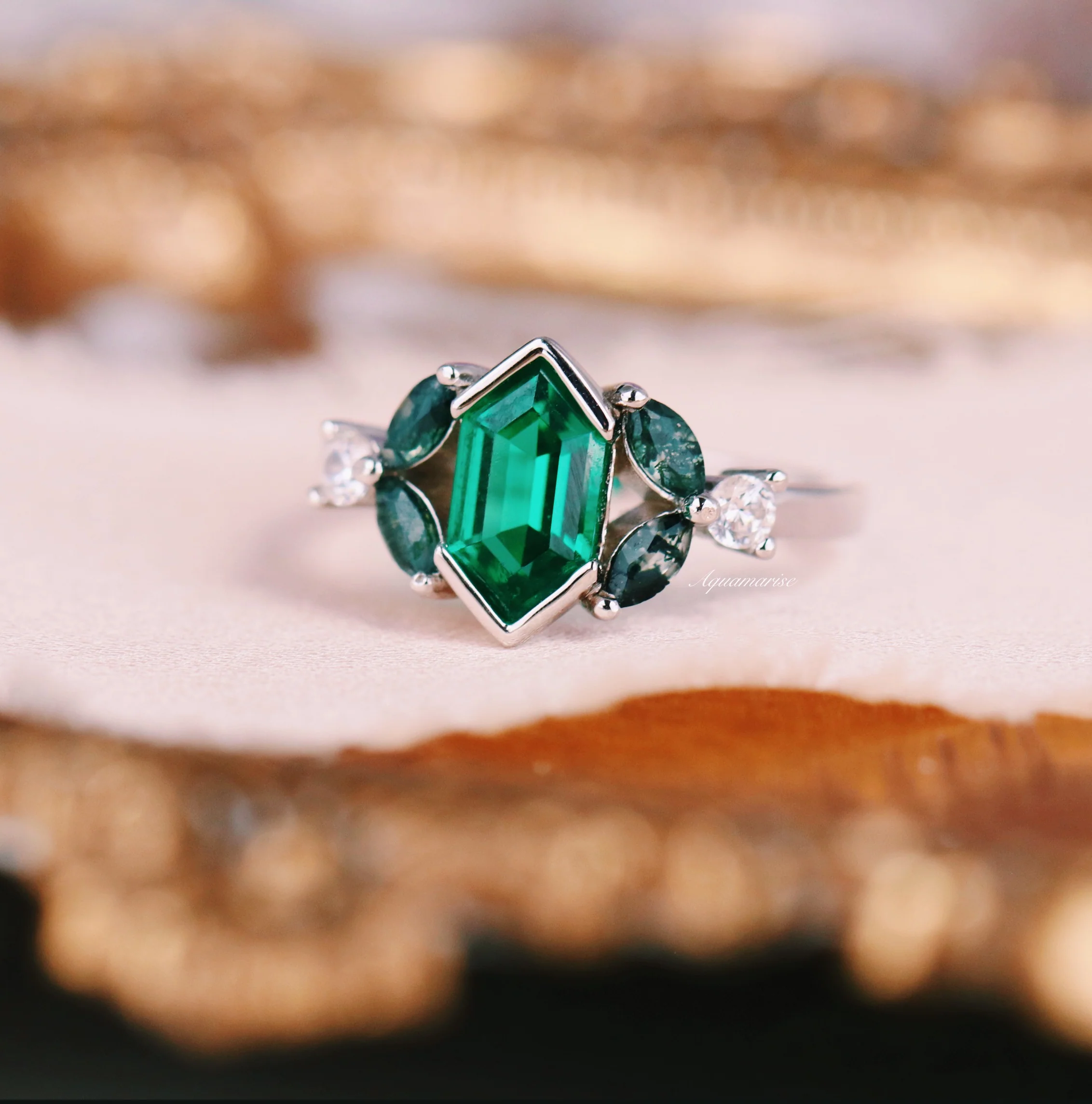 Hexagon Emerald & Moss Agate Couples Ring Set - Image 6