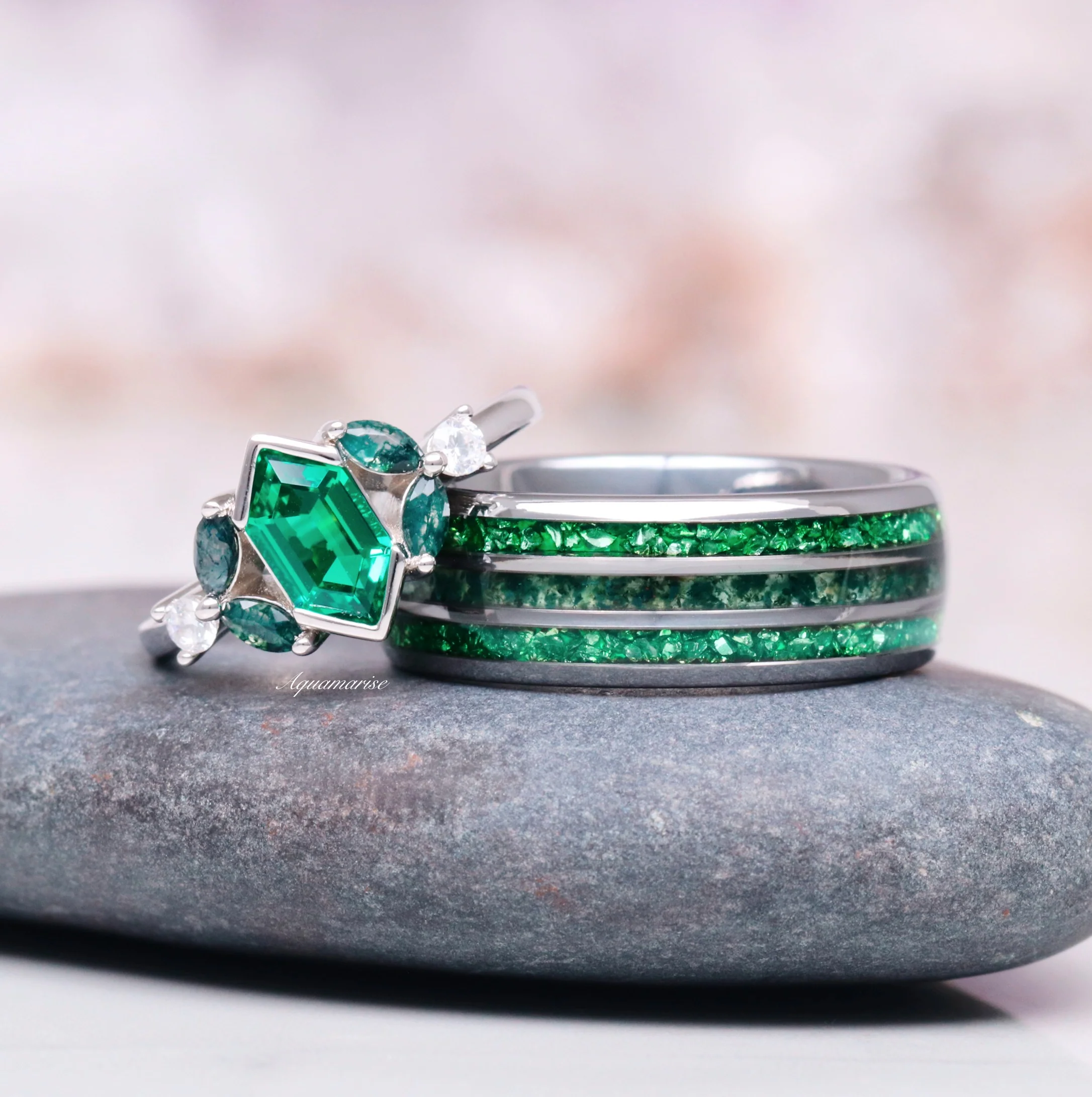 Hexagon Emerald & Moss Agate Leaf Ring- 14K White Gold - Image 2