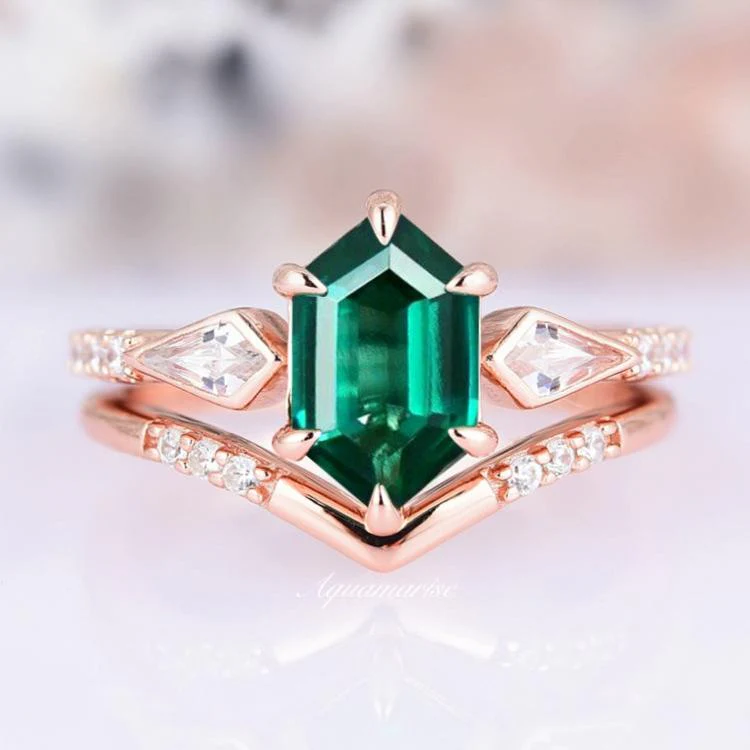 Hexagon Emerald Ring Set- 14K Solid Rose Gold
