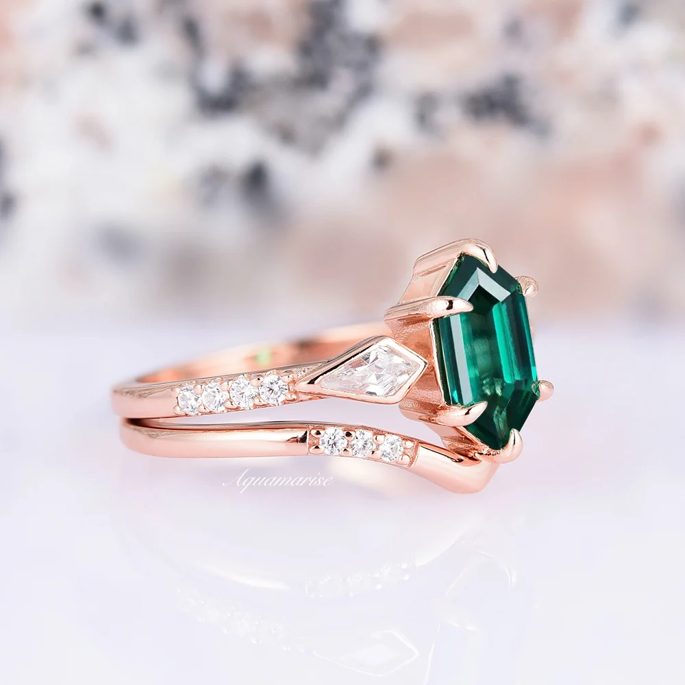 Hexagon Emerald Ring Set- 14K Solid Rose Gold - Image 5