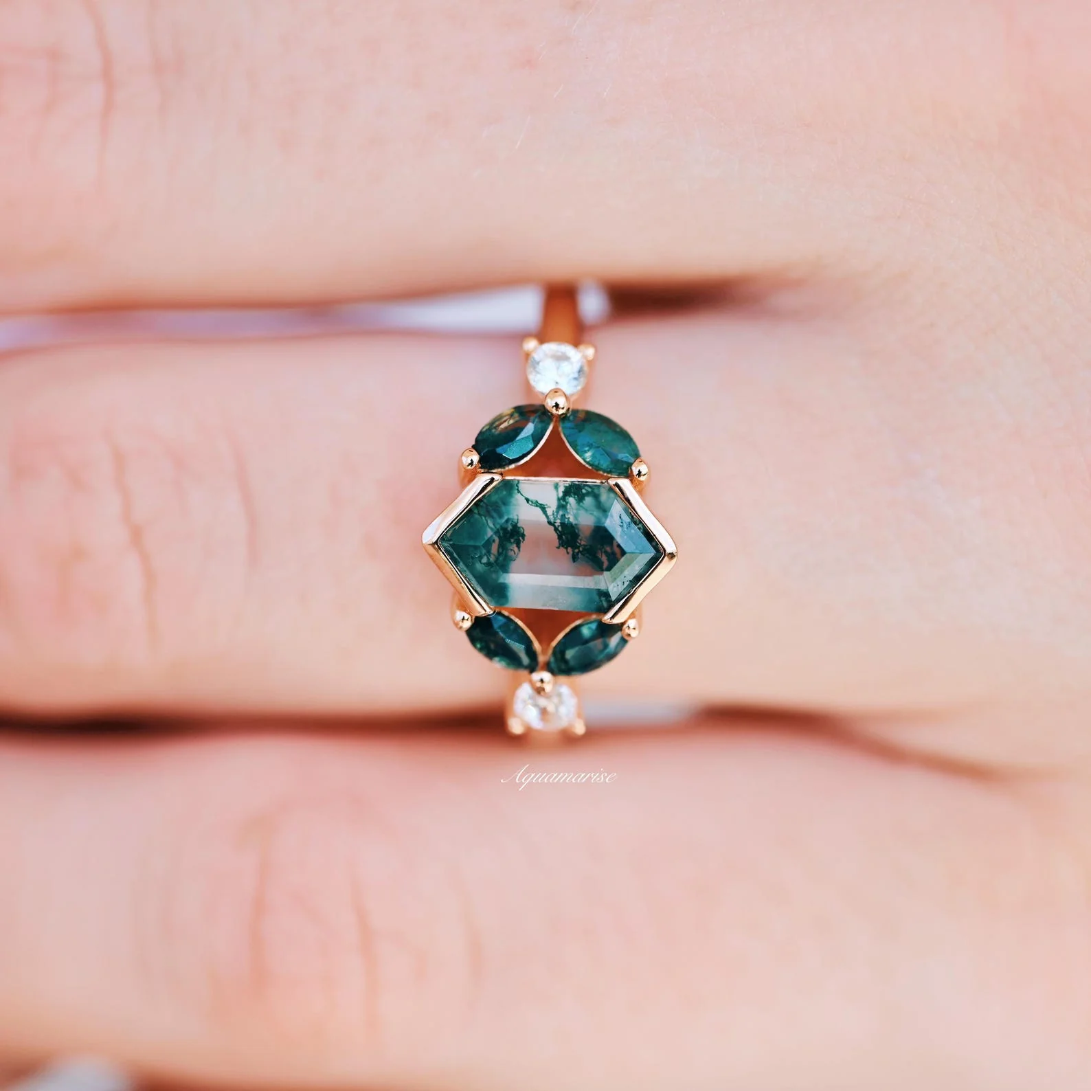 Hexagon Green Moss Agate Couples Ring Set - Image 3