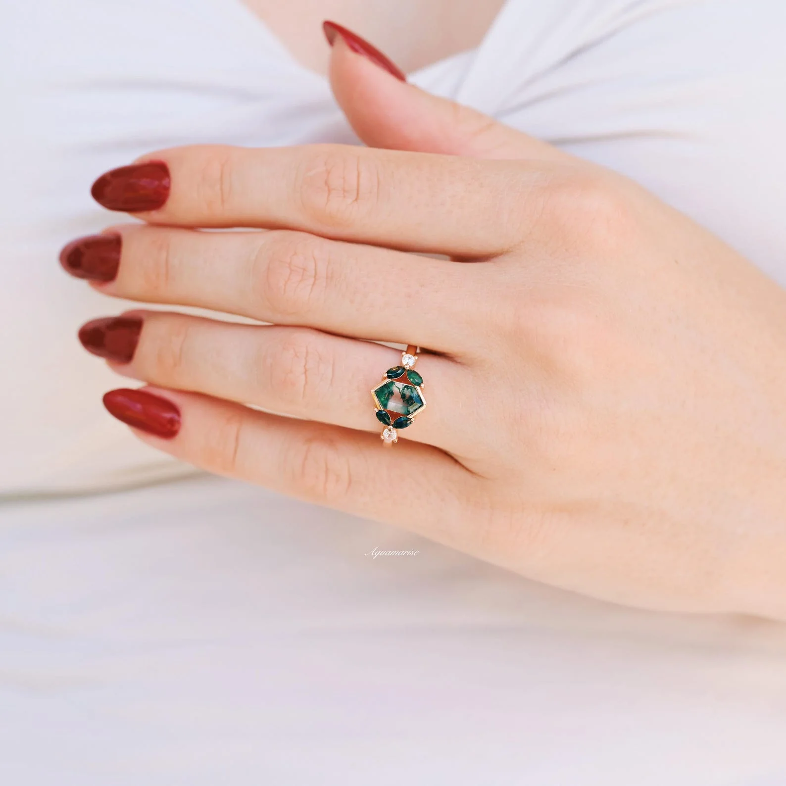 Hexagon Green Moss Agate Couples Ring Set - Image 4