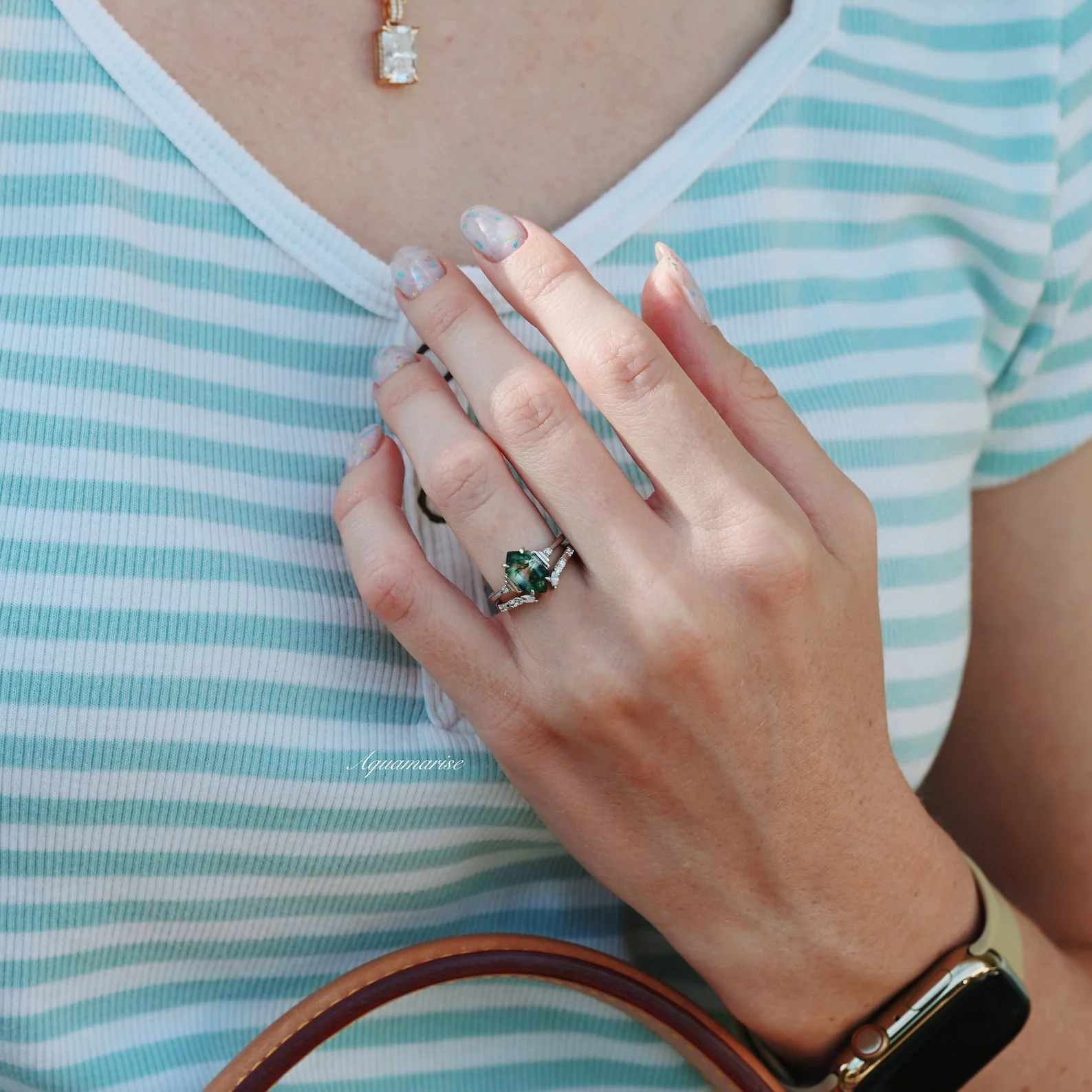 Hexagon Green Moss Agate Ring Set- 925 Sterling Silver - Image 2