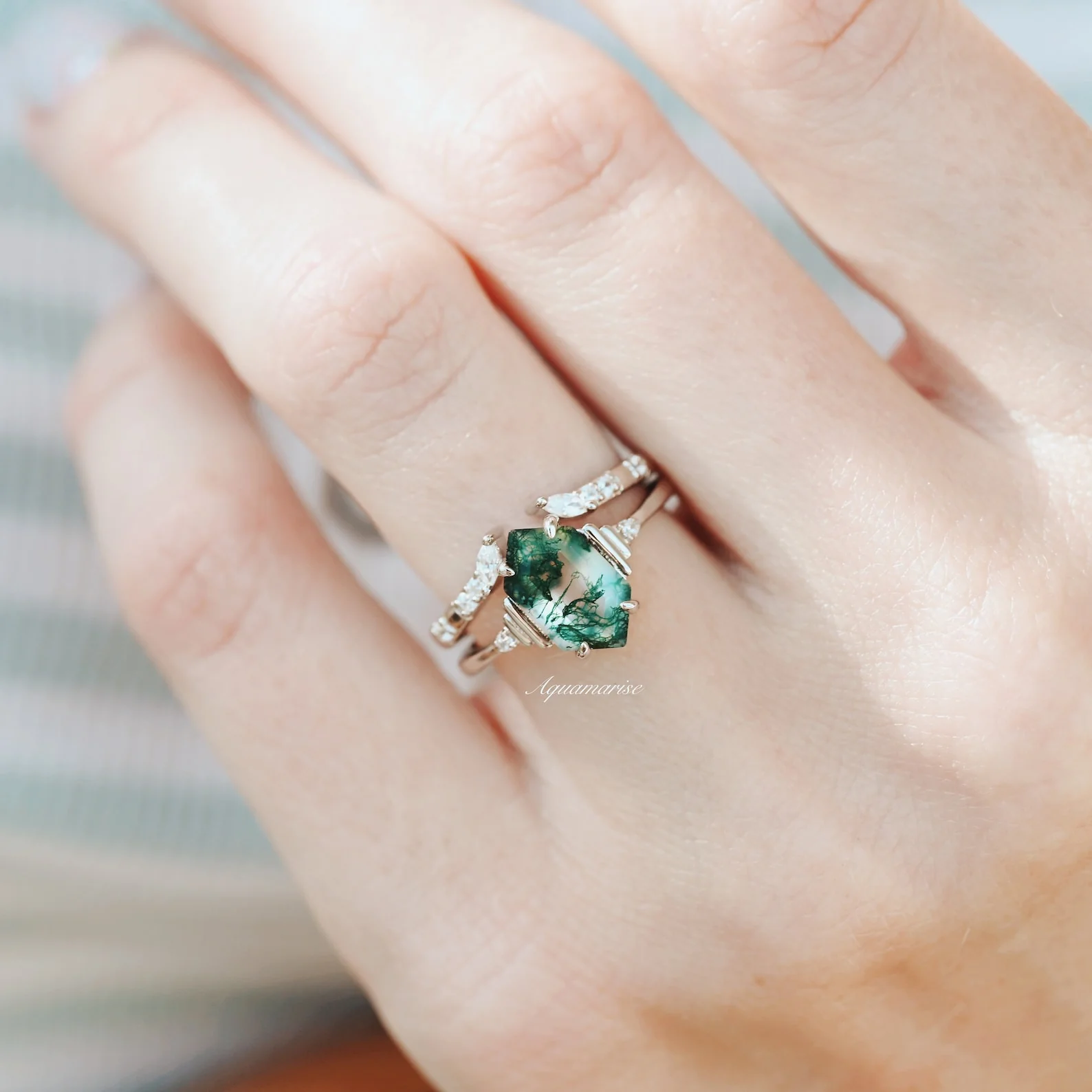 Hexagon Green Moss Agate Ring Set- 925 Sterling Silver - Image 3
