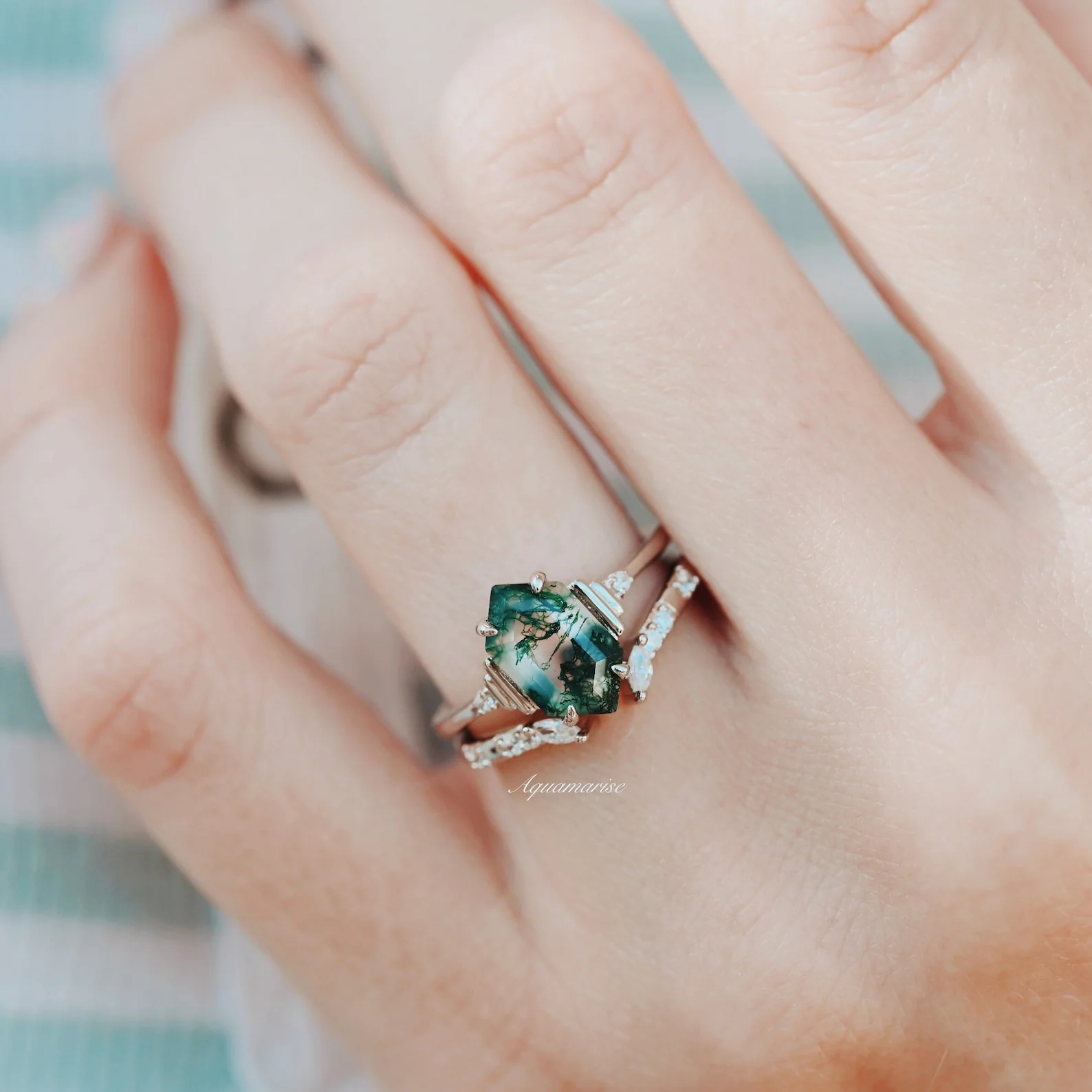 Hexagon Green Moss Agate Ring Set- 925 Sterling Silver - Image 4