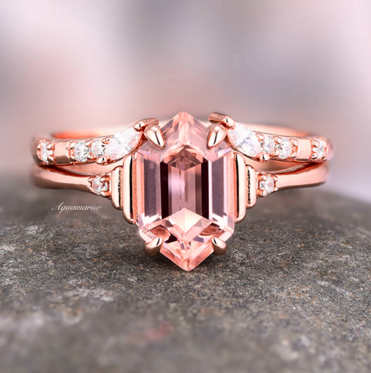 Hexagon Morganite Ring Set- 14K Solid Rose Gold