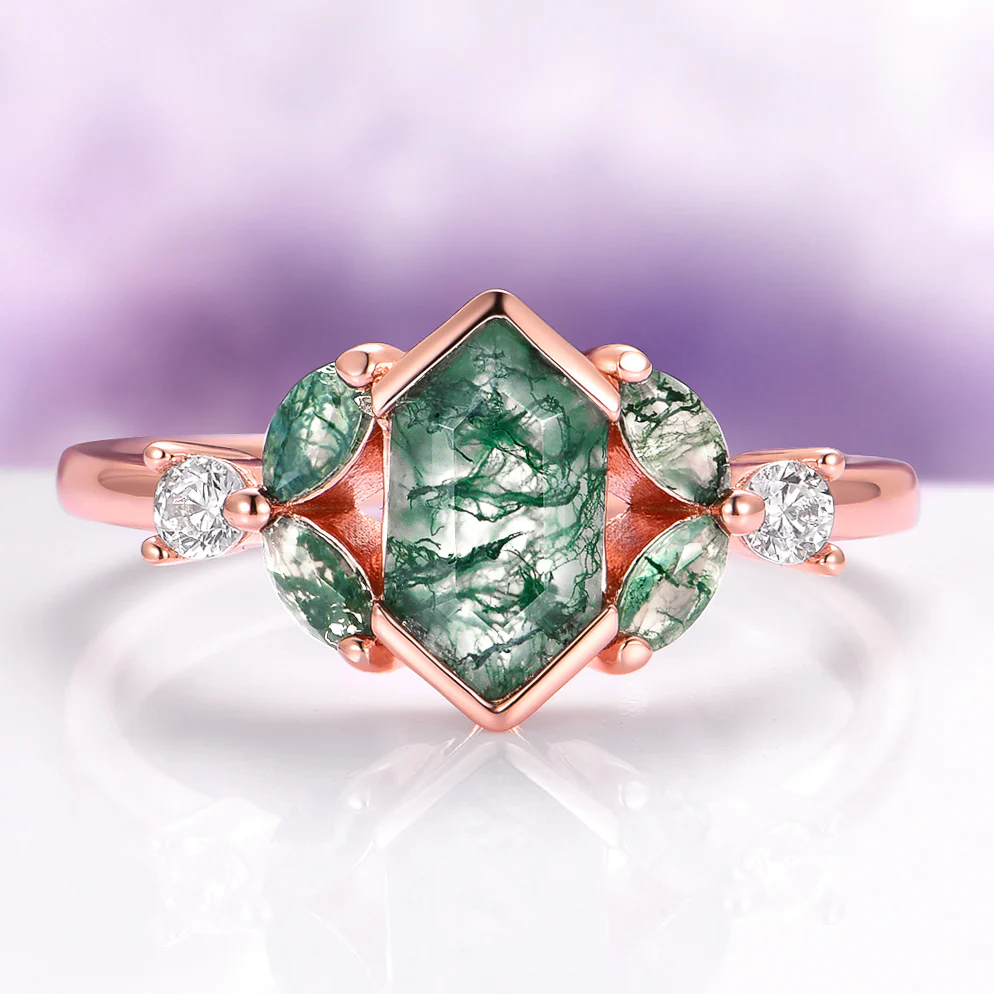 Hexagon Green Moss Agate Couples Ring Set - Image 2