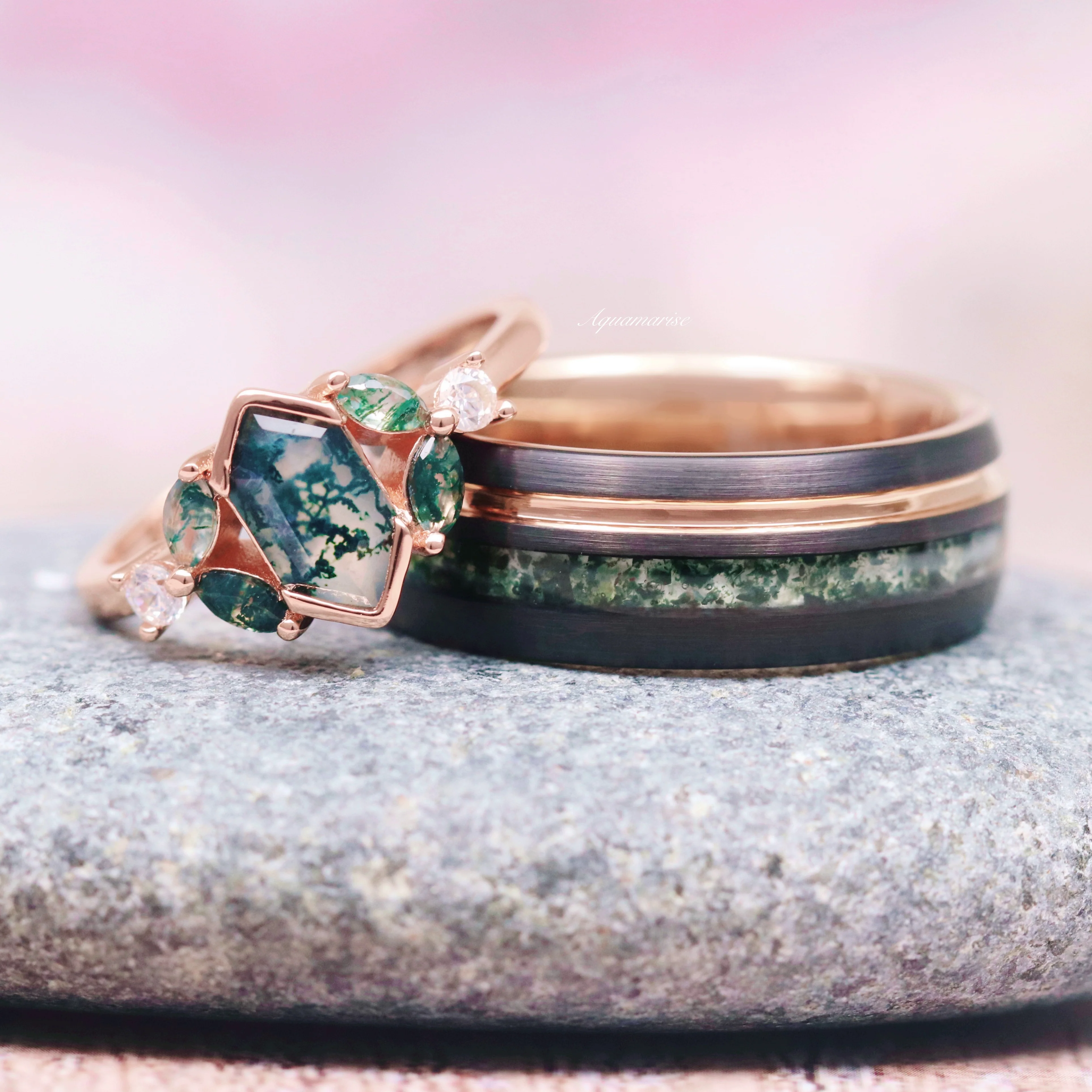 Hexagon Moss Agate Leaf Engagement Ring in 14K Solid Rose Gold - Image 2