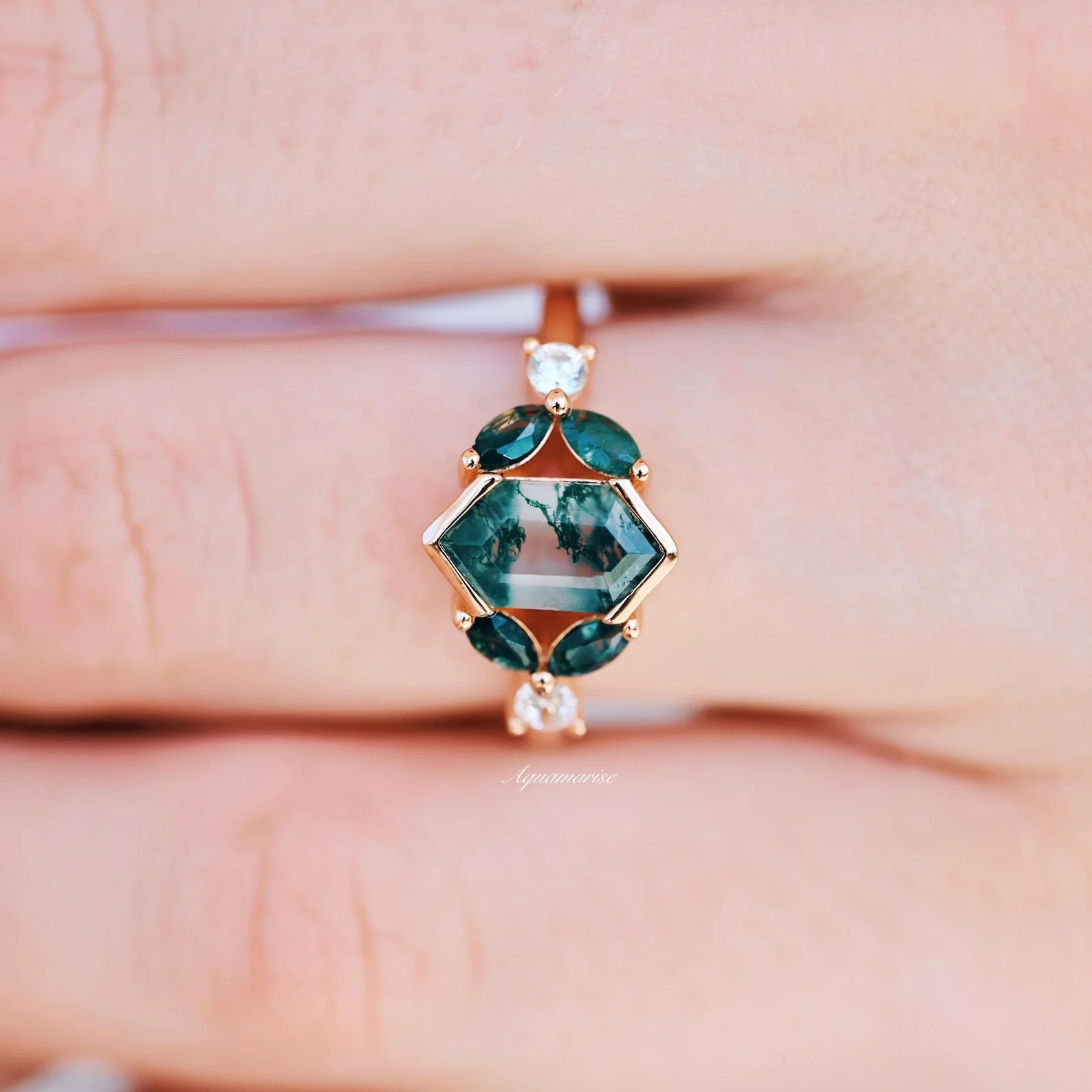 Hexagon Moss Agate Leaf Engagement Ring in 14K Solid Rose Gold - Image 3