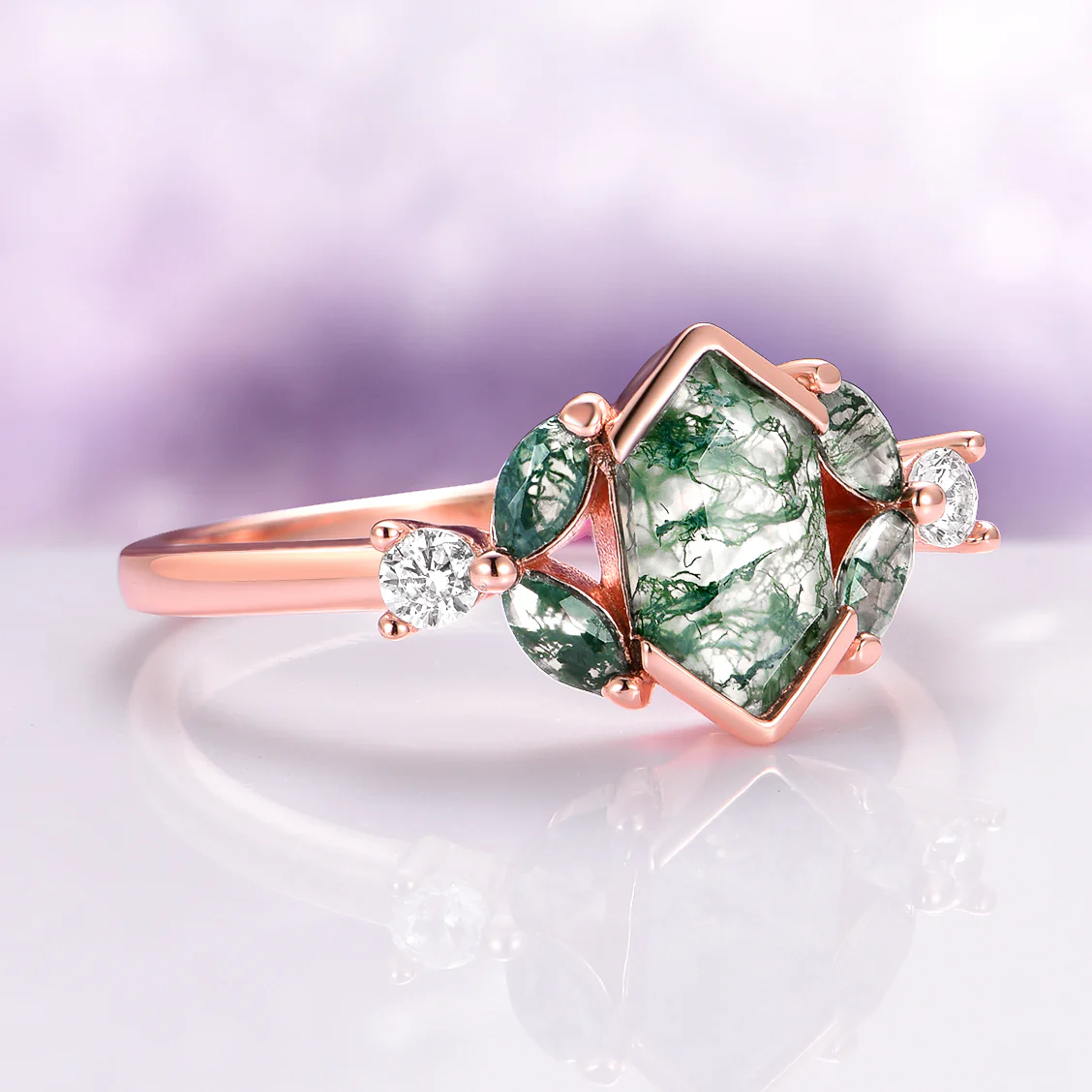 Hexagon Green Moss Agate Couples Ring Set - Image 6