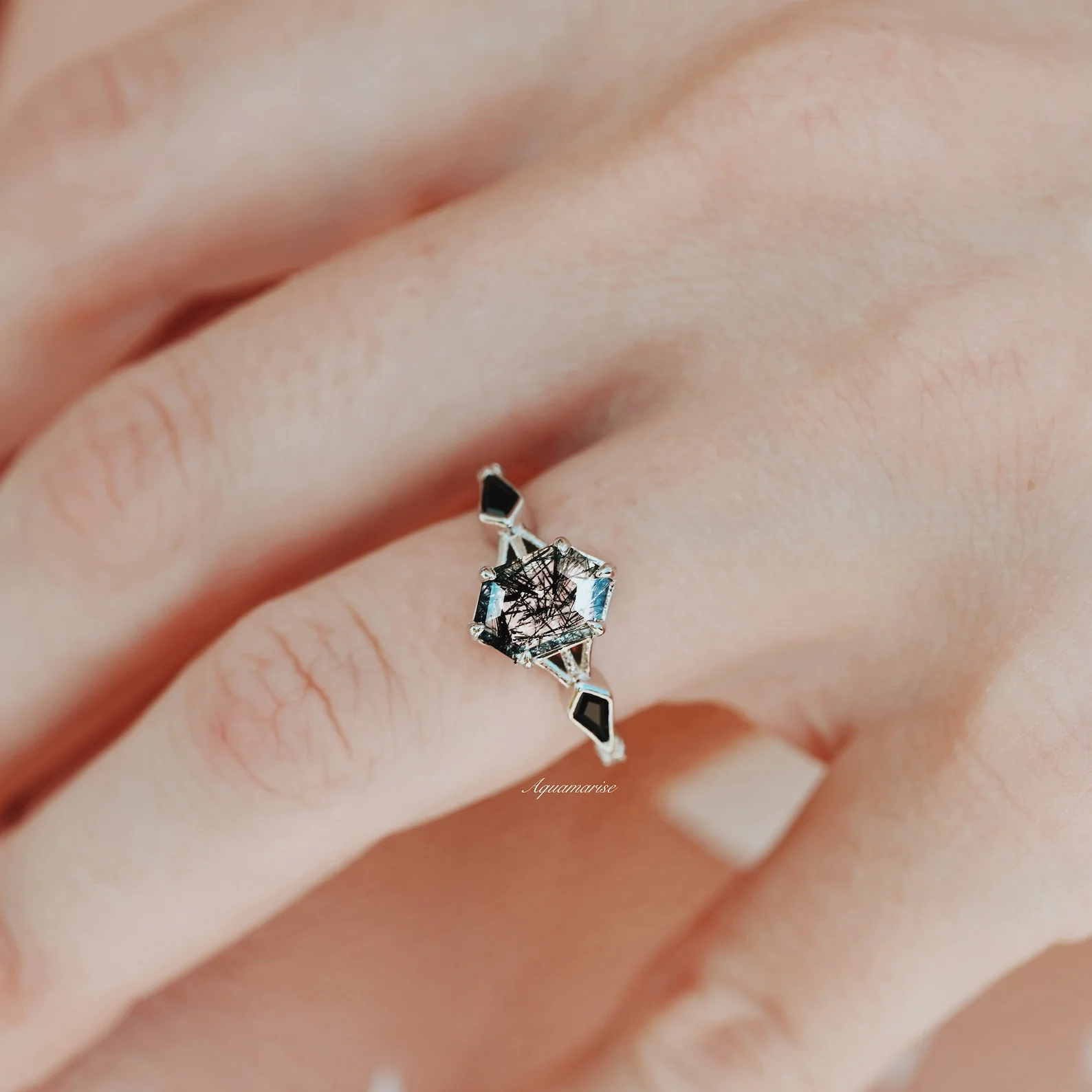 Hexagon Cut Rutilated Quartz and Black Onyx Engagement Ring in 14K White Gold - Image 3