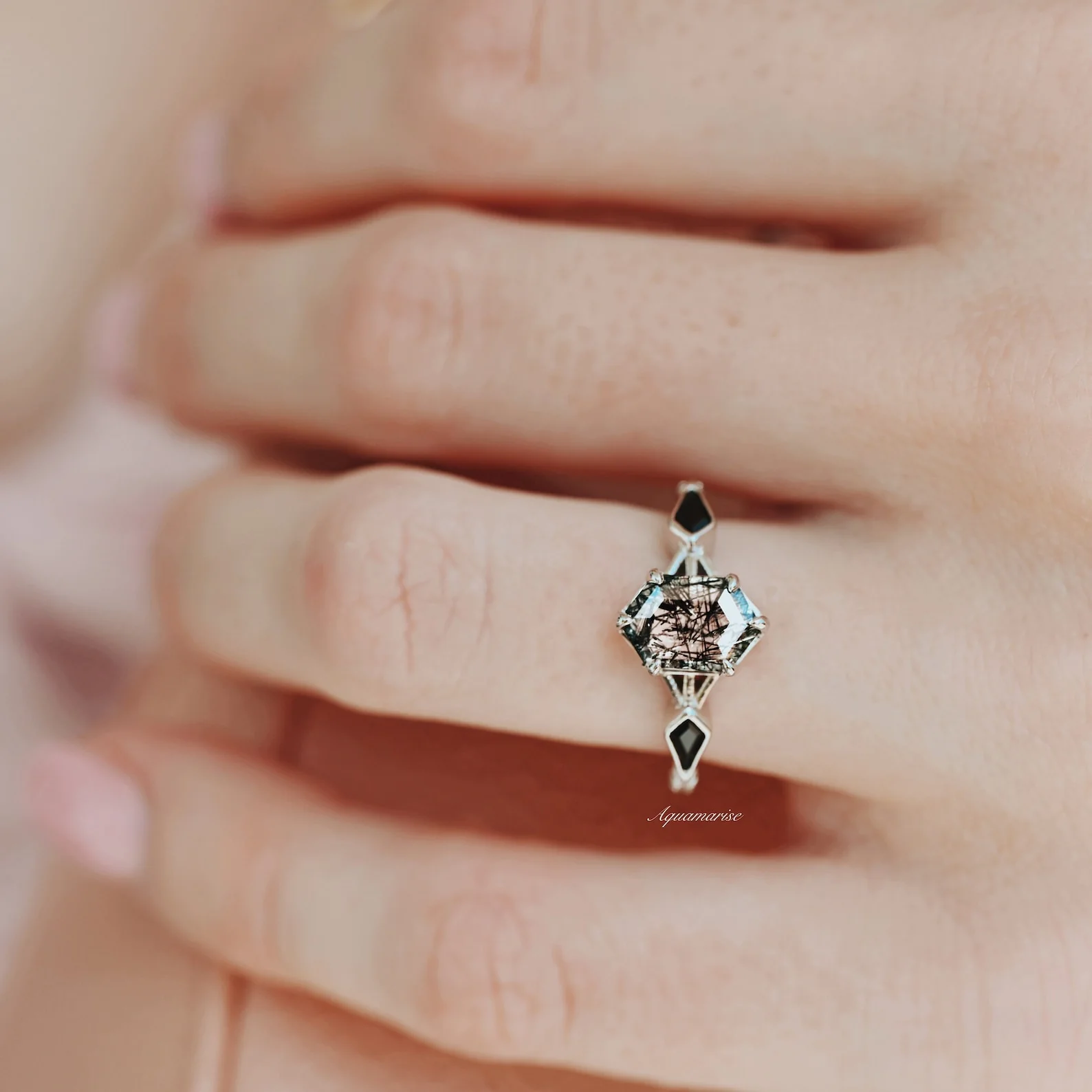 Hexagon Cut Rutilated Quartz and Black Onyx Engagement Ring in 14K White Gold - Image 4