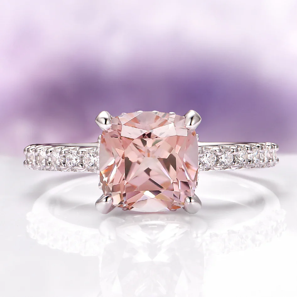 Hidden Halo Cushion Cut Morganite Engagement Ring in 14K White Gold