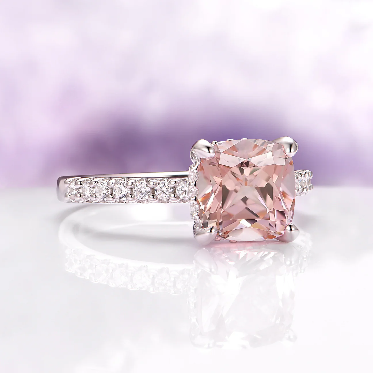 Hidden Halo Cushion Cut Morganite Engagement Ring in 14K White Gold - Image 3