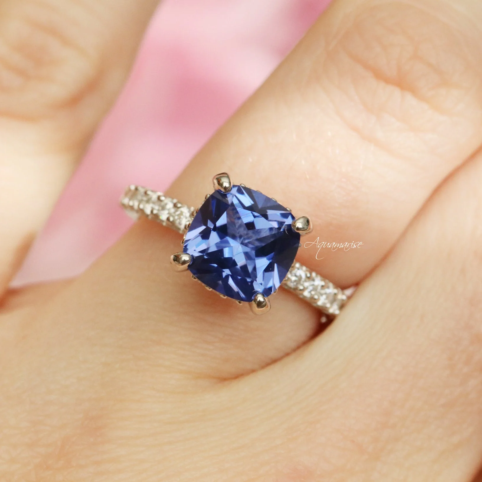 Cushion Cut Natural Tanzanite Engagement Ring in 14K White Gold (Hidden Halo) - Image 2