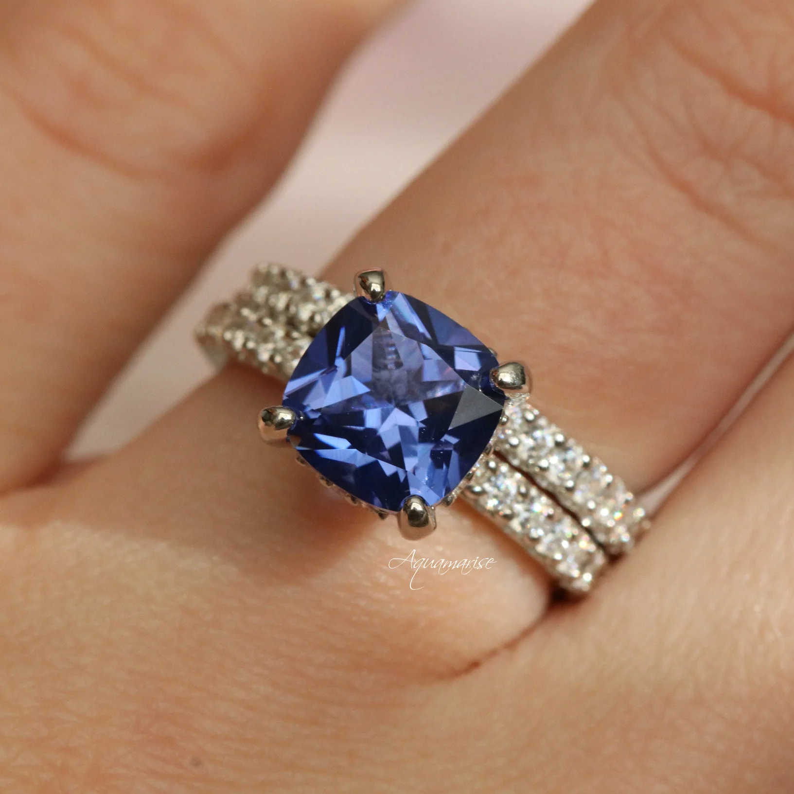 Cushion Cut Natural Tanzanite Engagement Ring in 14K White Gold (Hidden Halo) - Image 3