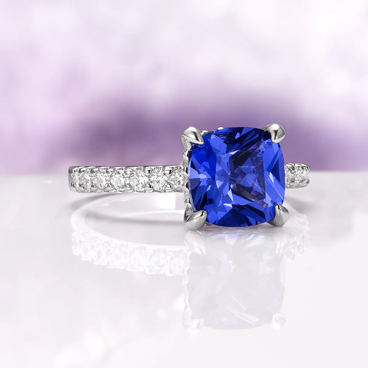 Cushion Cut Natural Tanzanite Engagement Ring in 14K White Gold (Hidden Halo) - Image 5