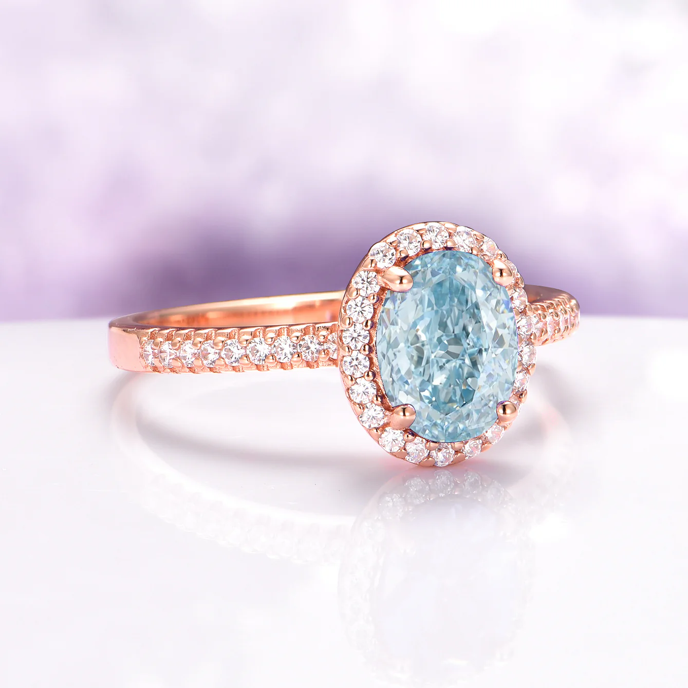 Iris Oval Aquamarine Engagement Ring in 14K Solid Rose Gold - Image 3