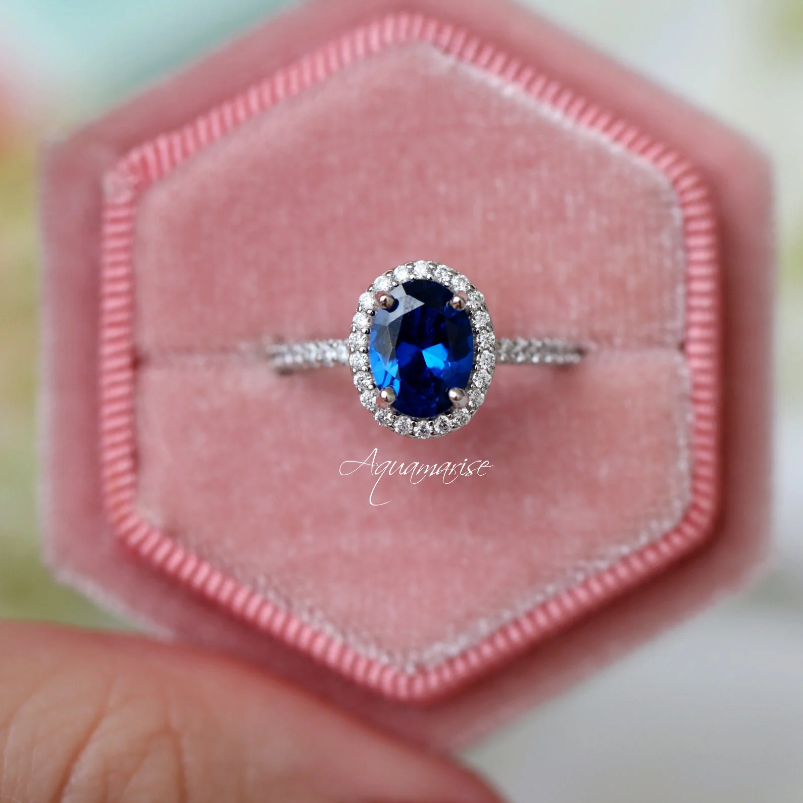 Iris Oval Blue Sapphire Engagement Ring- 14K White Gold - Image 3