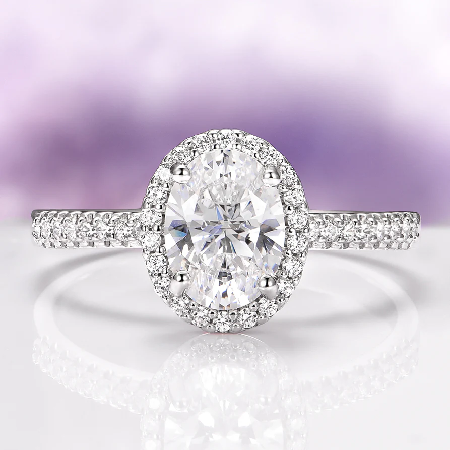 Iris Halo Oval Moissanite Engagement Ring in 14K White Gold
