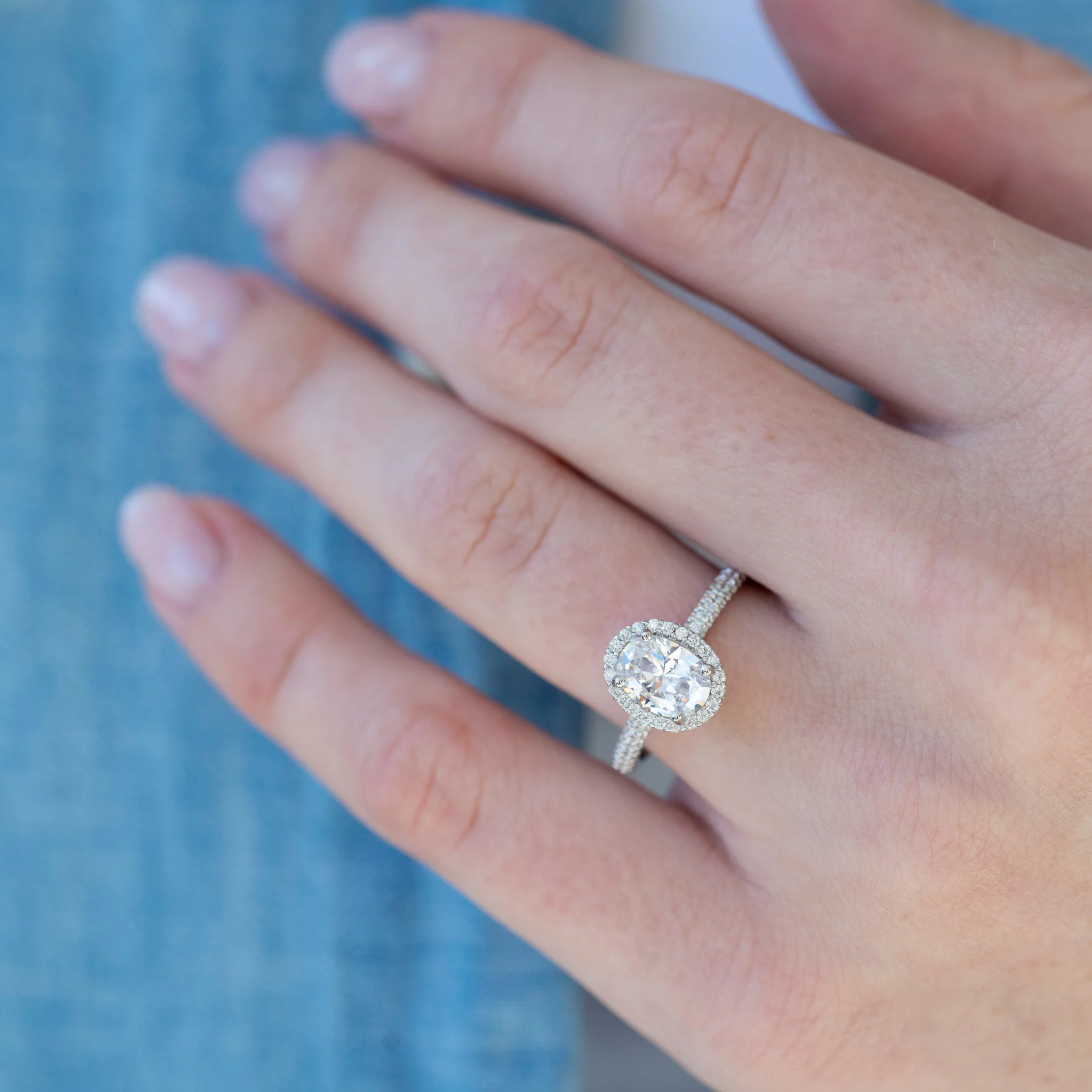 Iris Halo Oval Moissanite Engagement Ring in 14K White Gold - Image 2