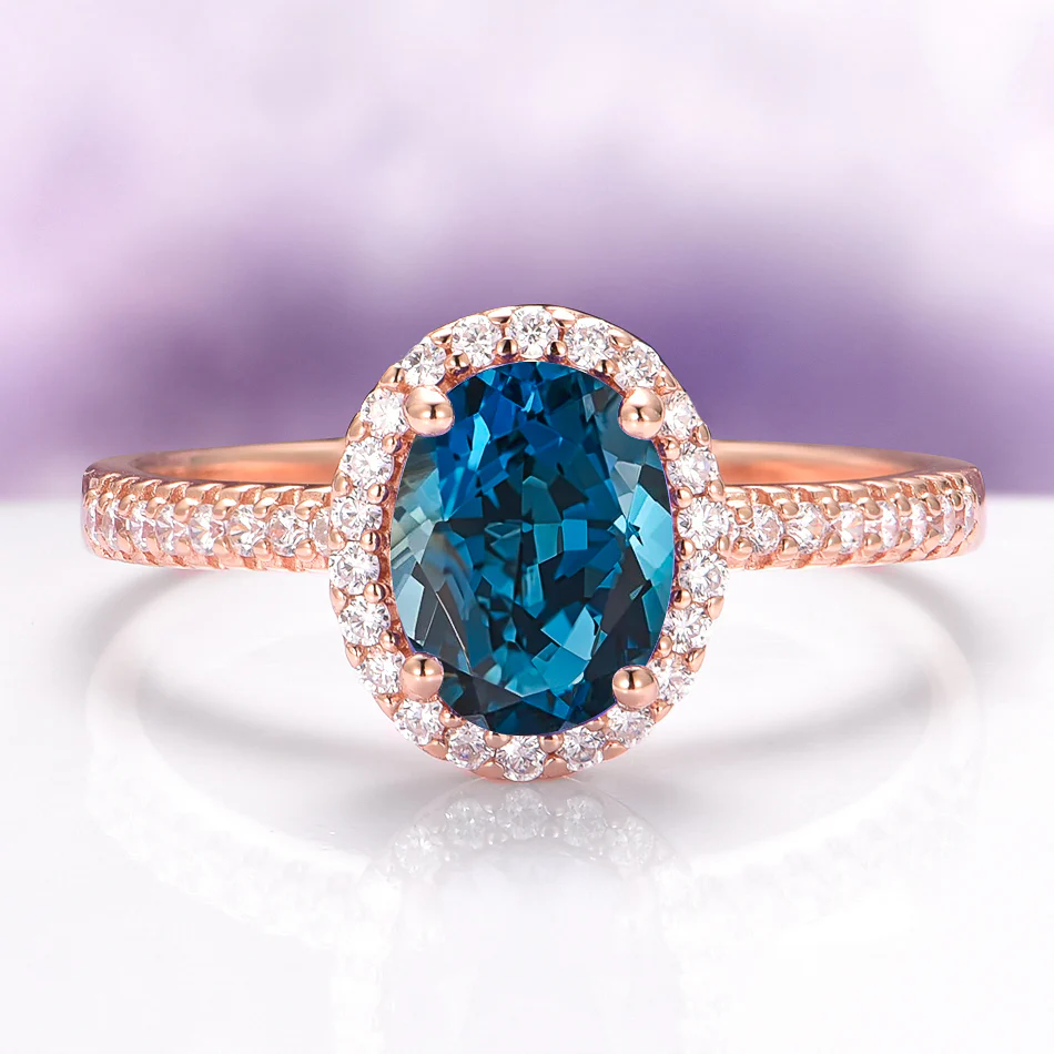 Iris Oval London Blue Topaz Engagement Ring in 14K Solid Rose Gold