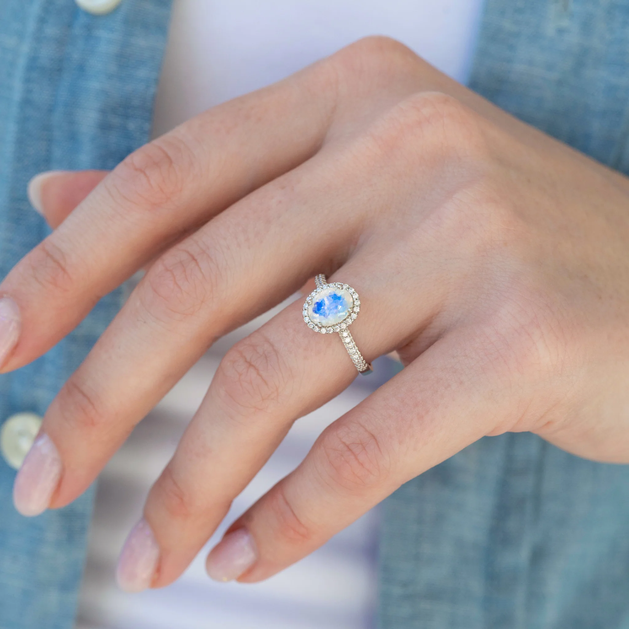 Iris Oval Moonstone Engagement Ring in 14K White Gold - Image 2
