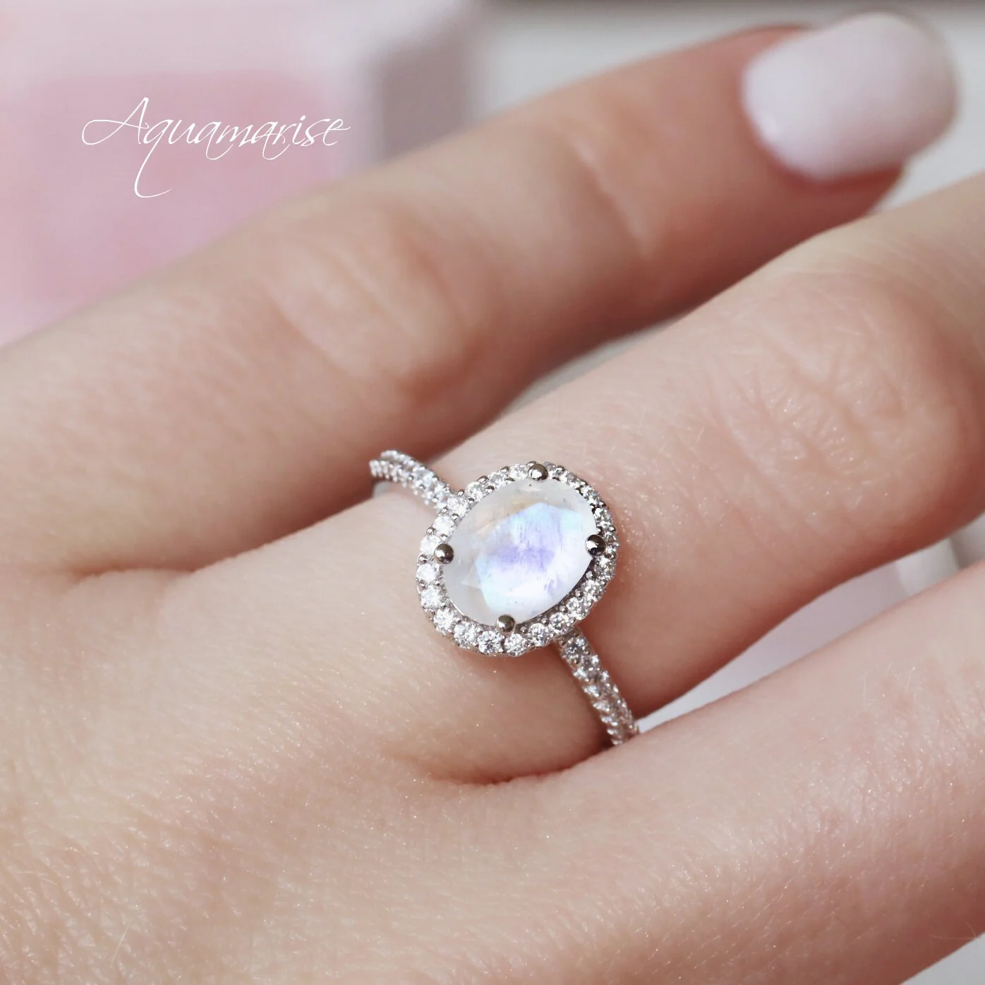 Iris Oval Moonstone Engagement Ring in 14K White Gold - Image 3