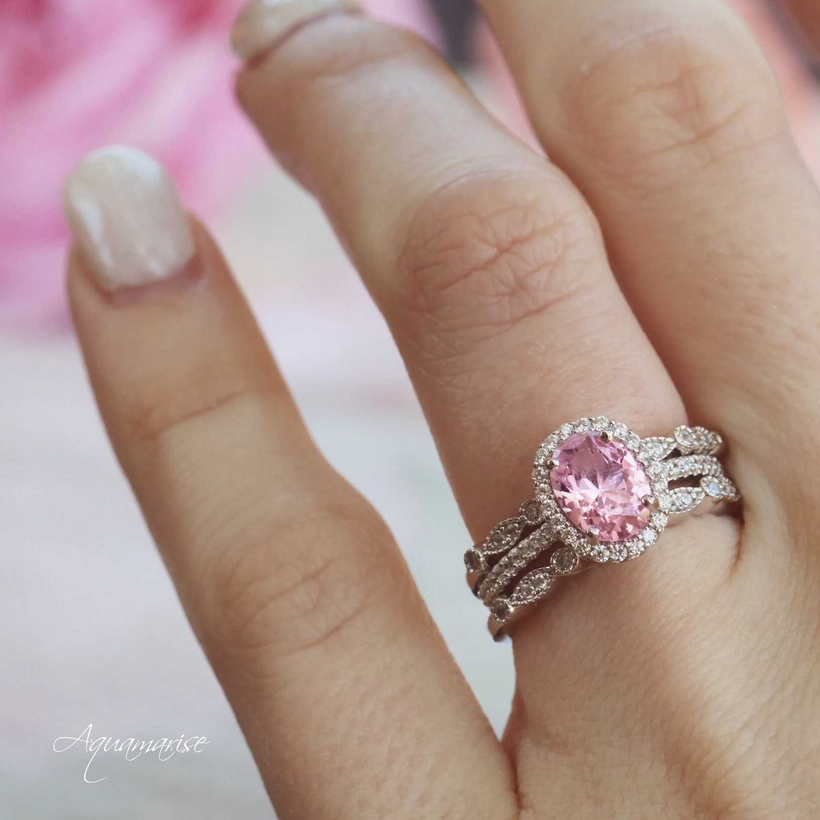 Iris Oval Pink Tourmaline Engagement Ring- 14K White Gold - Image 4