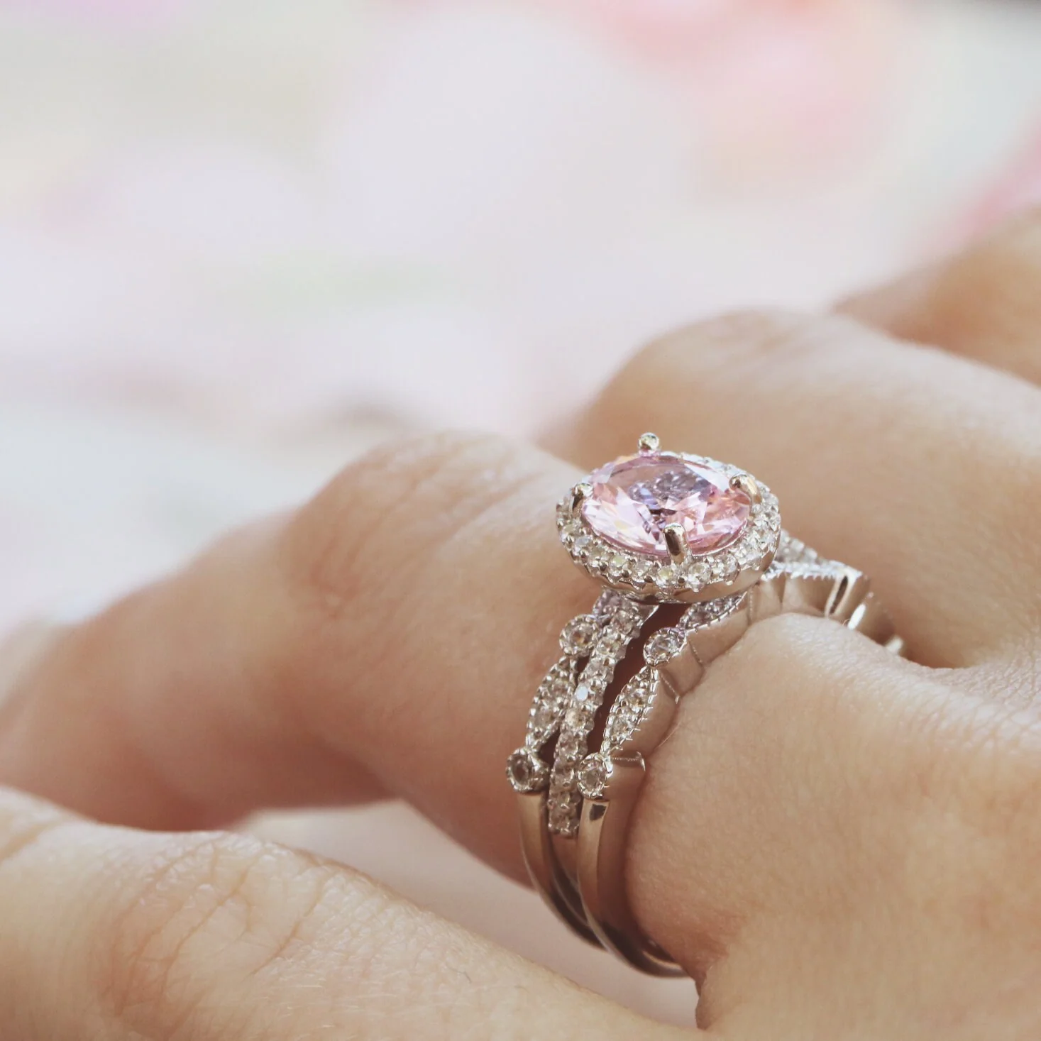 Iris Oval Pink Tourmaline Engagement Ring- 14K White Gold - Image 5