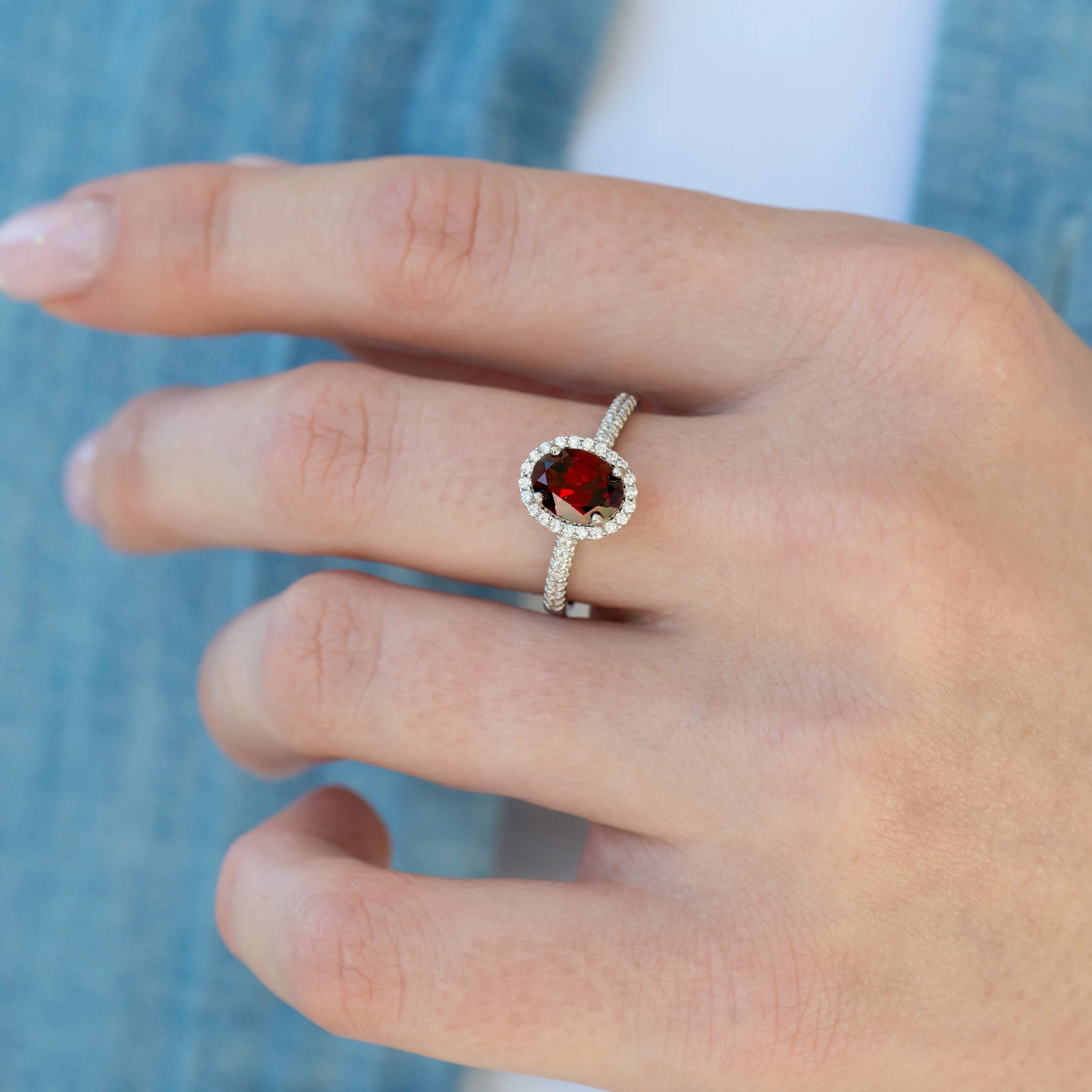 Iris Oval Red Garnet Engagement Ring- 14K White Gold - Image 3