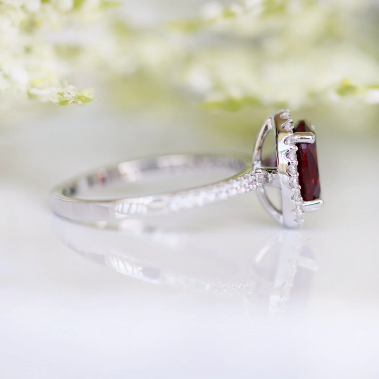 Iris Oval Red Garnet Engagement Ring- 14K White Gold - Image 6