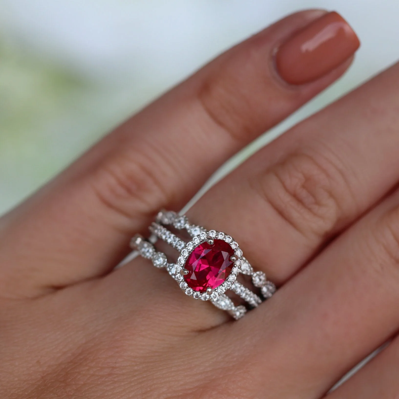 Iris Oval Ruby Engagement Ring- 14K White Gold - Image 3