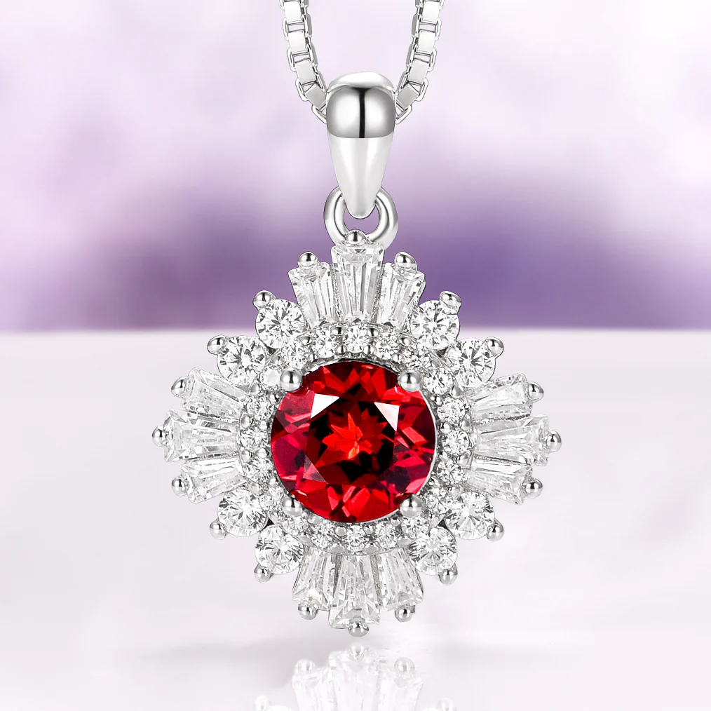 Joelle Natural Red Garnet Starburst Pendant Necklace in Sterling Silver