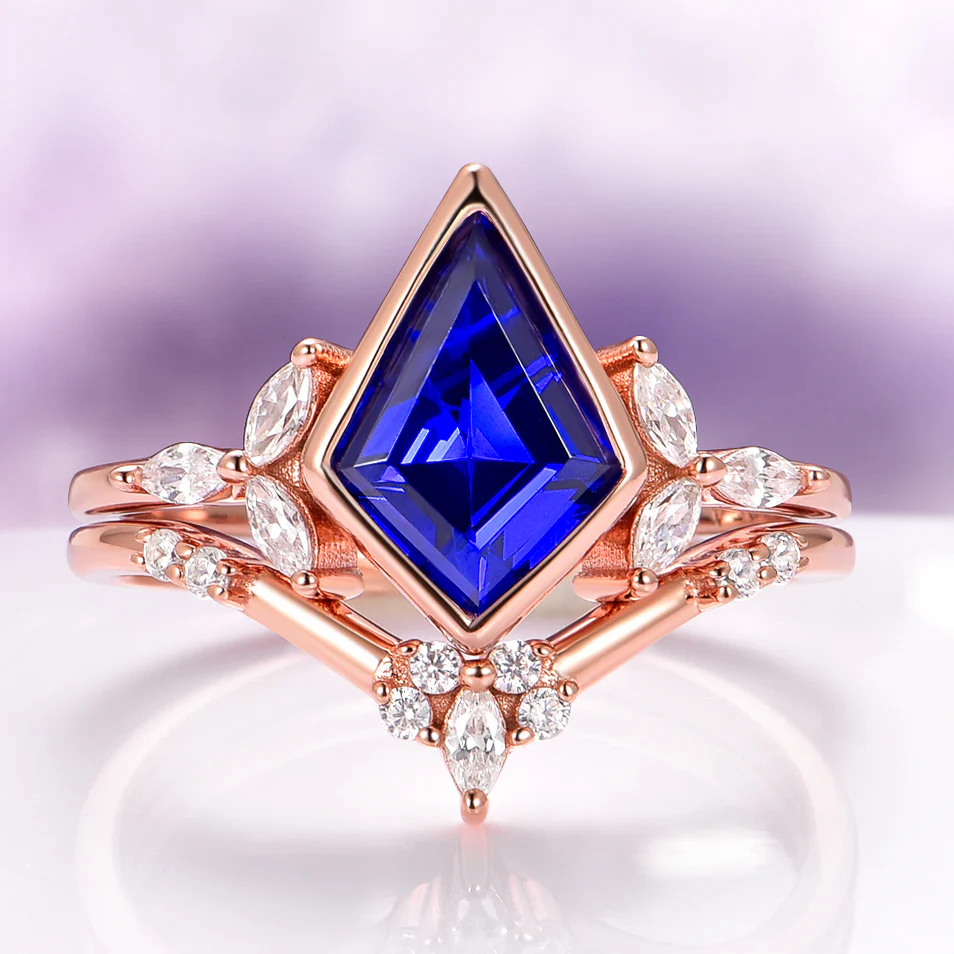Kite Blue Sapphire Bezel Engagement Ring Set in 14K Solid Rose Gold